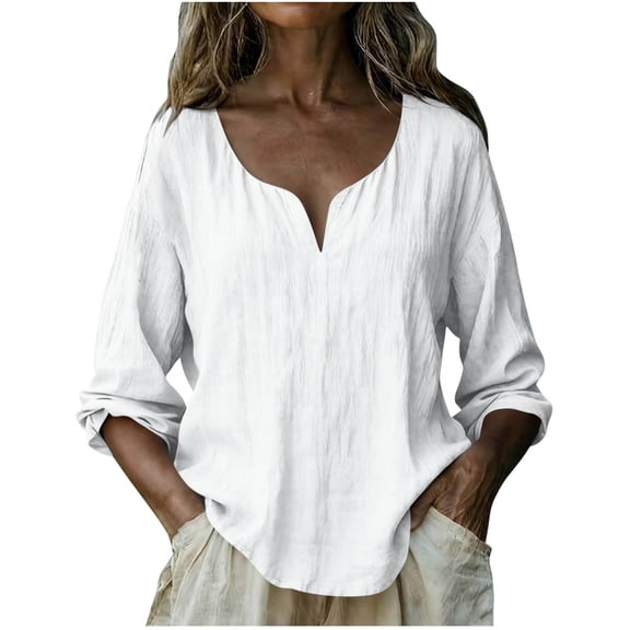 HomeDM Women's Long Sleeve Shirts, V-Neck Loose Fit Pullover Tops Summer Trendy Solid Color Tunic Blouses - White/S