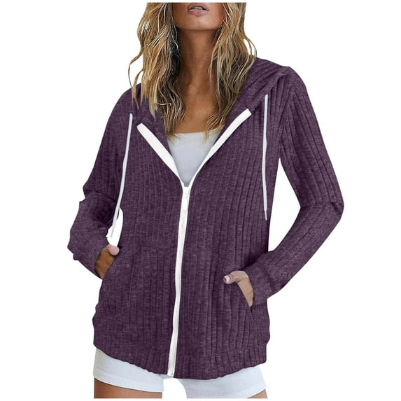 HomeDM Women's Long Sleeve Sweatshirts Casual Solid Color Hooded Jackets with Pockets Oversized Zip Up Hoodies S-XXL/Purple
