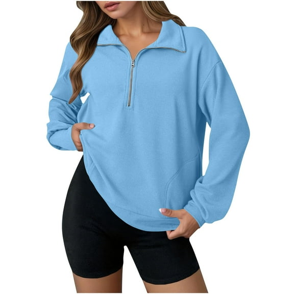 HomeDM Women's Long Sleeve Sweatshirts Lapel Quarter Zip Up Shirts Solid Color Loose Fit Casual Pullover Tops - Blue/S