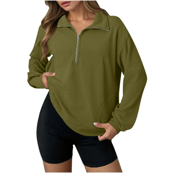 HomeDM Women's Long Sleeve Sweatshirts Lapel Quarter Zip Up Shirts Solid Color Loose Fit Casual Pullover Tops - Green/S