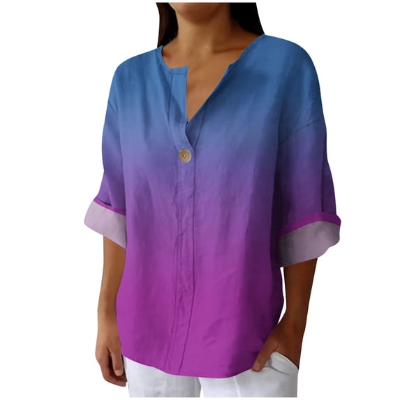 HomeDM Women's Long Sleeve V Neck Shirts Casual Button Down Tops Loose Fit Summer Fall Tee Shirts S-3XL