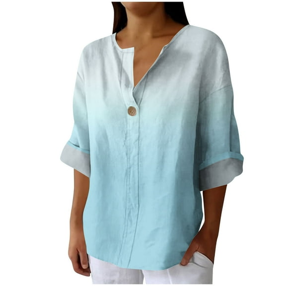 HomeDM Women's Long Sleeve V Neck Shirts Casual Button Down Tops Loose Fit Summer Fall Tee Shirts S-3XL
