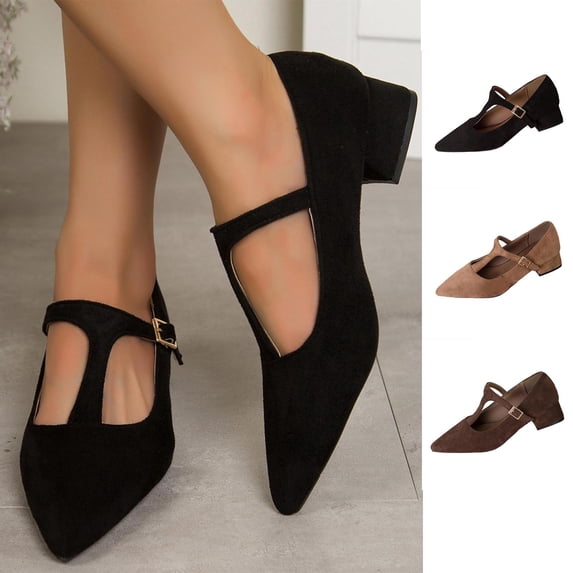 HomeDM Women's Low Block Heels Closed Pointy Toe Slip-On Work Pumps Elegant Wedding Party Dress Shoes, Black Size 5.5