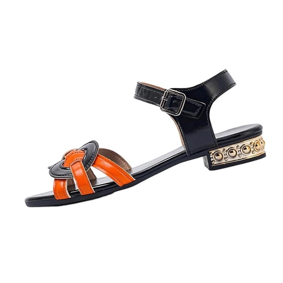 HomeDM Women's Low Block Heels Sandals Open Toe Slip-On Ankle Strap Summer Casual Walking Beach Sandals, Orange Size 7
