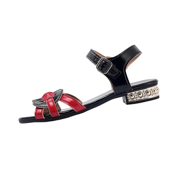 HomeDM Women's Low Block Heels Sandals Open Toe Slip-On Ankle Strap Summer Casual Walking Beach Sandals, Red Size 8.5