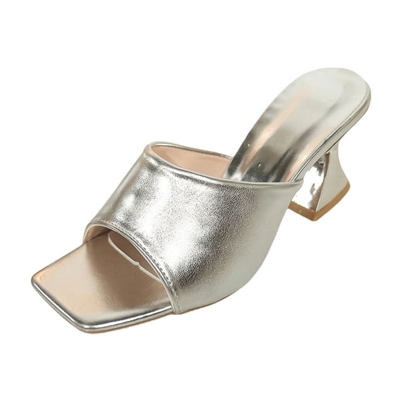 HomeDM Women's Low Block Heels Sandals Square Open Toe Dress Pumps Summer Slip-On Mules for Wedding Party Work, Silver Size 6