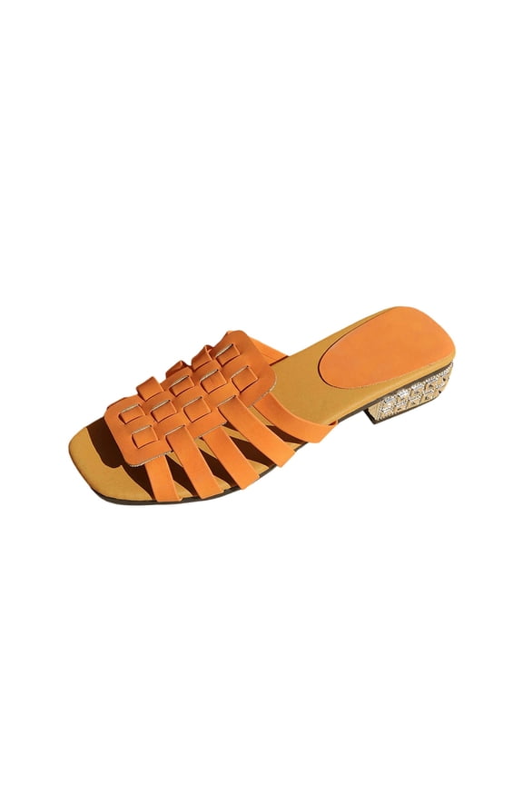 Women's Low Block Heels Sandals Square Open Toe Slip-On Chunky Heel Strappy Summer Slide Sandals, Orange Size 7.5