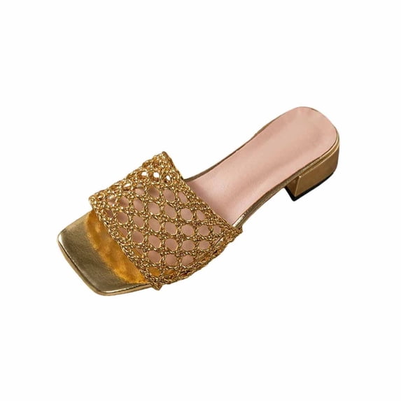 HomeDM Women's Low Block Heels Sandals Square Open Toe Slip On Mule Chunky Heels Summer Beach Sandals, Gold Size 6.5