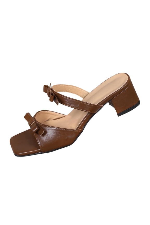 Women's Low Block Heels Sandals Square Open Toe Slip On Two Strap Comfortable Casual Dress Mules, Brown Size 6