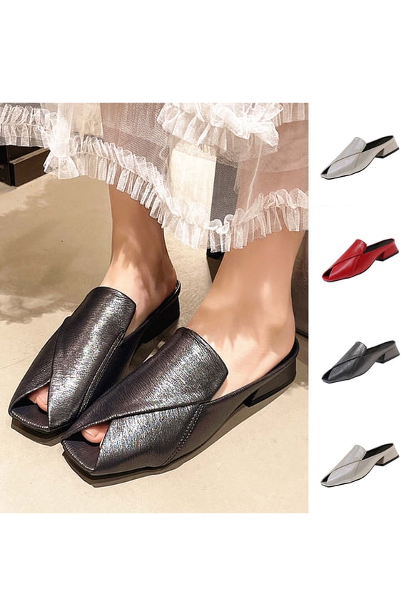 Women's Low Block Heels Sandals Square Peep Toe Slip-On Mules Chunky Comfort Casual Dress Shoes, Black Size 5.5