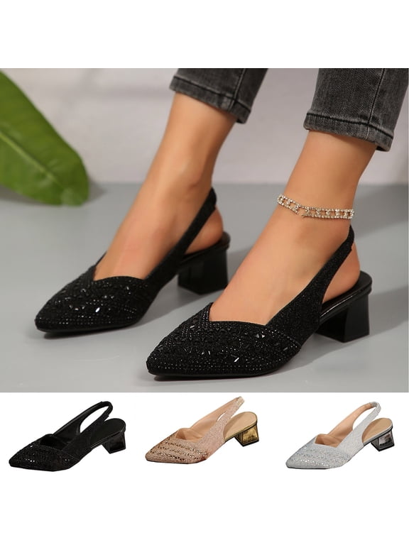 Women's Low Chunky Block Heels Closed Pointy Toe Slingback Comfort Slip On Work Party Dress Shoes, Black Size 7