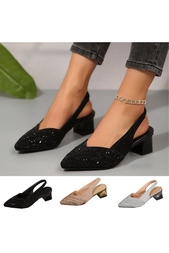 Women's Low Chunky Block Heels Closed Pointy Toe Slingback Comfort Slip On Work Party Dress Shoes, Black Size 7