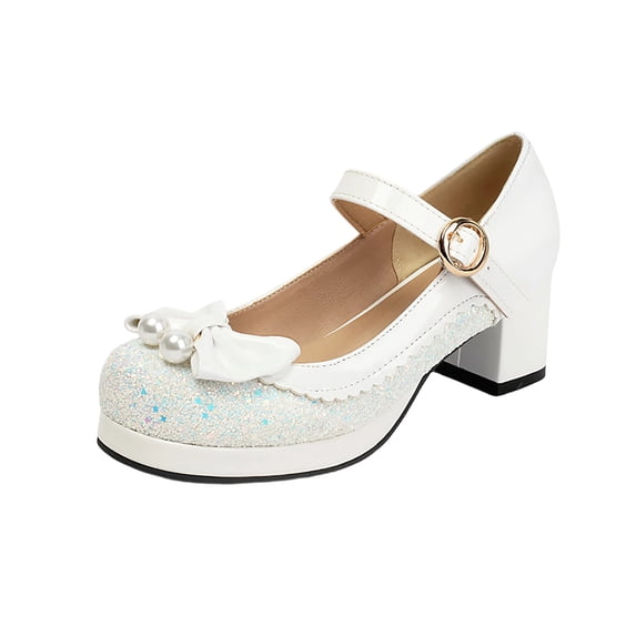 HomeDM Women's Mary Jane Dress Shoes Low Chunky Heels Platform Round Toe Ankle Strap Office Work Wedding Pumps, White Size 7