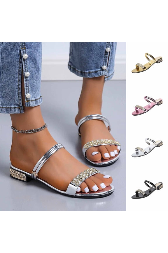 Women's Open Toe Flat Sandals Two Band Slip On Casual Slides Sandals for Summer Beach, Silver Size 6