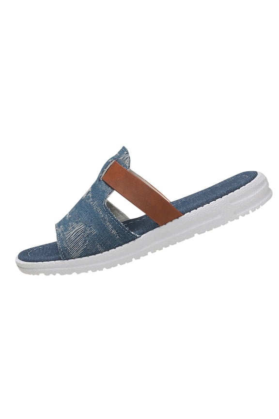 Women's Open Toe Flat Slides Sandal Summer Slip On Comfortable Beach Denim Sandals, Dark Blue Size 6