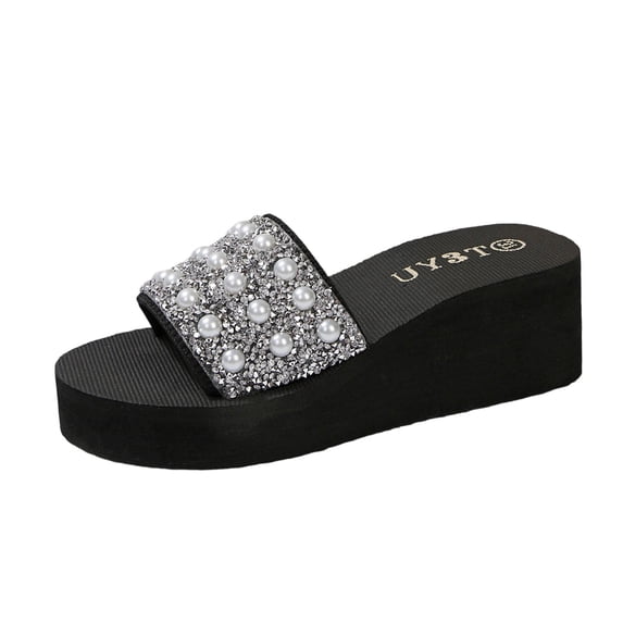 HomeDM Women's Open Toe Flatform Wedge Sandals Rhinestone Slip-On Summer Beach Slides Sandals, Silver Size 7.5