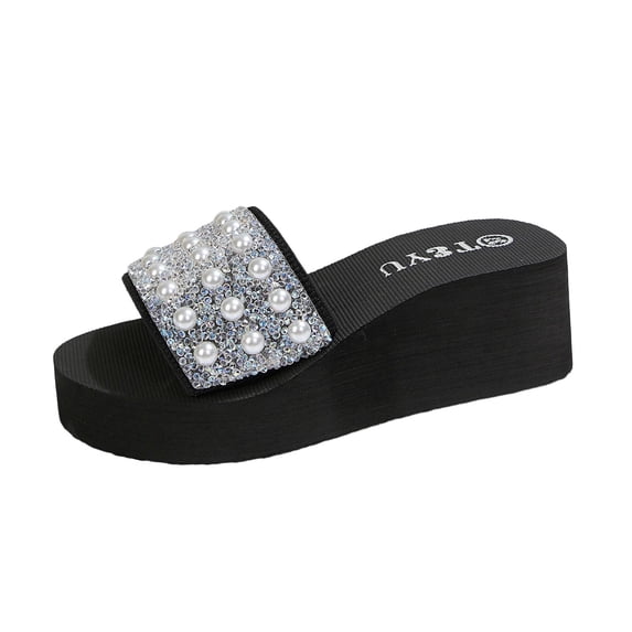 HomeDM Women's Open Toe Flatform Wedge Sandals Rhinestone Slip-On Summer Beach Slides Sandals, Sky Blue Size 6