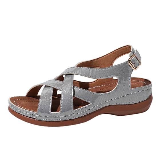 HomeDM Women's Open Toe Sandals Buckle Ankle Strap Summer Platform Wedge Walking Beach Sandals, Gray Size 7.5
