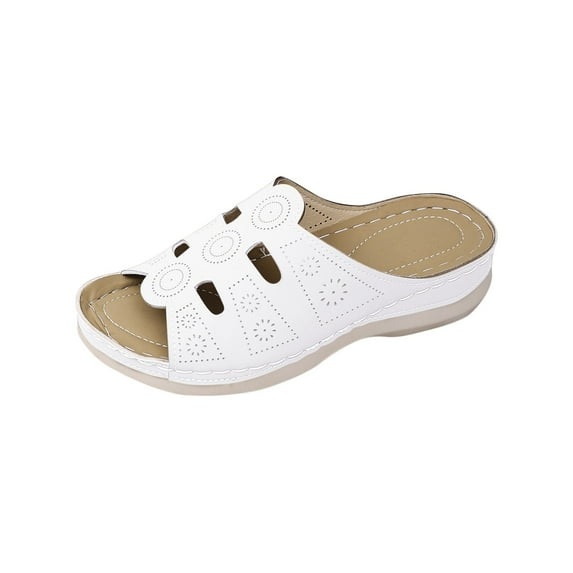 HomeDM Women's Open Toe Wedge Sandals Comfort Arch Support Slip On Walking Sandals for Summer Beach Travel, White Size 6.5