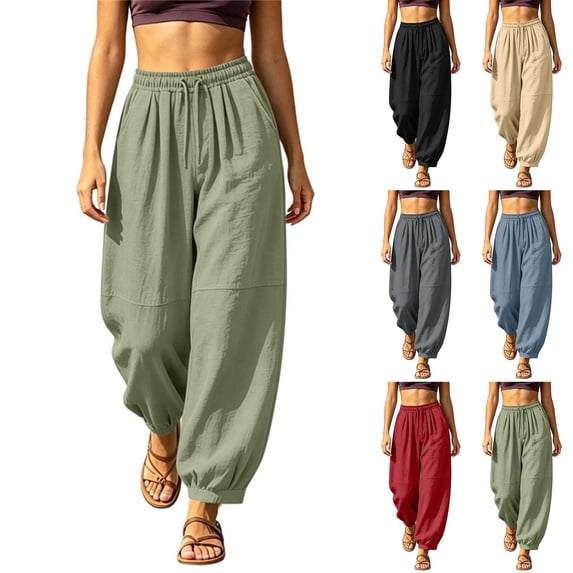 HomeDM Women's Pants Drawstring High Waisted Lounge Trousers Army Green Loose Athletic Work Pants with Pockets Size XL