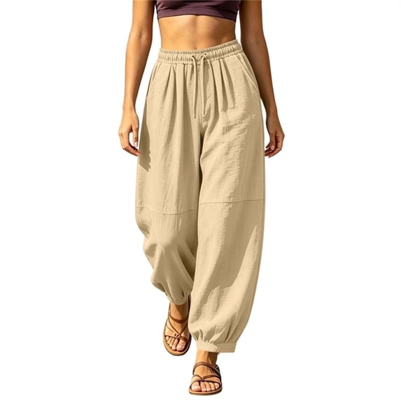 HomeDM Women's Pants Drawstring High Waisted Lounge Trousers Khaki Loose Athletic Work Pants with Pockets Size L