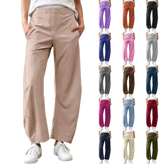 HomeDM Women's Pants Lounge Wide Leg with Pockets Quick Dry Elastic Waist Casual Trousers Khaki Athletic Work Pants Size L