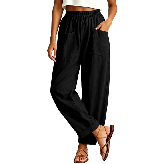 HomeDM Women's Pants Wide Leg Casual Loose Cotton Linen Elastic Waist Trousers Black Lounge Pants for Athletic Work Size L