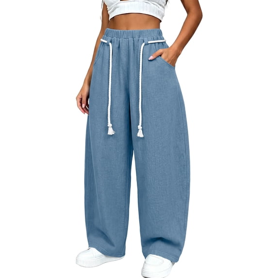 HomeDM Women's Pants Wide Leg Sweatpants with Pockets Blue Loose Drawstring Lounge Trousers for Athletic Work Size XL