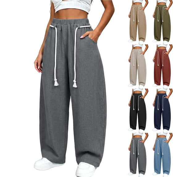 HomeDM Women's Pants Wide Leg Sweatpants with Pockets Gray Loose Drawstring Lounge Trousers for Athletic Work Size L