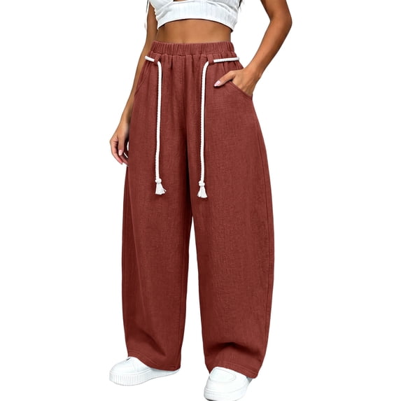HomeDM Women's Pants Wide Leg Sweatpants with Pockets Red Loose Drawstring Lounge Trousers for Athletic Work Size XL