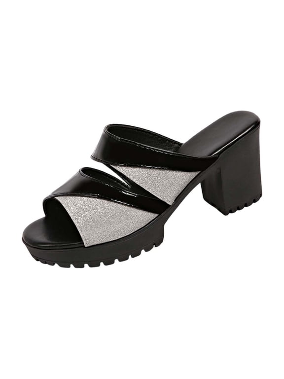 Women's Platform Block Heels Sandals Open Toe Slip On Summer Mules Sandals, Silver Size 6