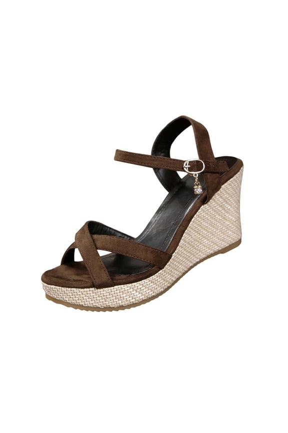 Women's Platform Wedge Sandals Buckle Ankle Strap Open Toe Casual Summer Beach Walking Slide Sandals, Coffee Size 8.5