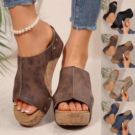 HomeDM Women's Platform Wedge Sandals Slip On Open Toe Summer Mules Sandals, Brown Size 5.5
