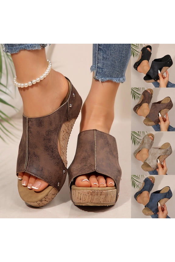 Women's Platform Wedge Sandals Slip On Open Toe Summer Mules Sandals, Brown Size 5.5