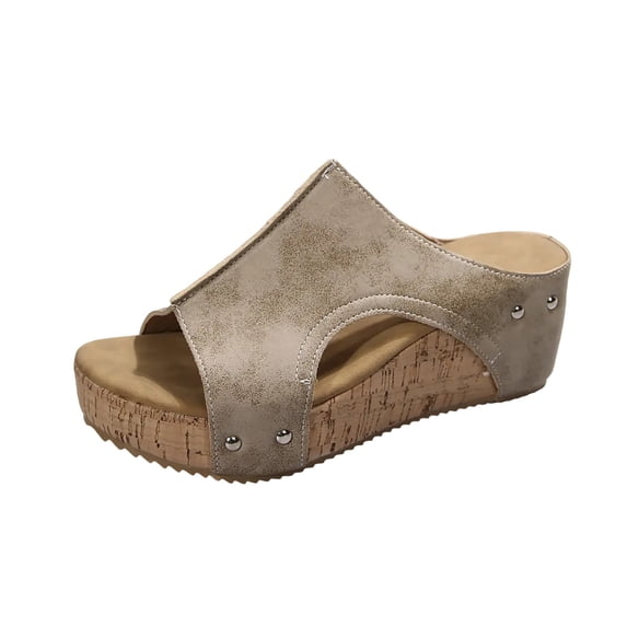 HomeDM Women's Platform Wedge Sandals Slip On Open Toe Summer Mules Sandals, Khaki Size 7