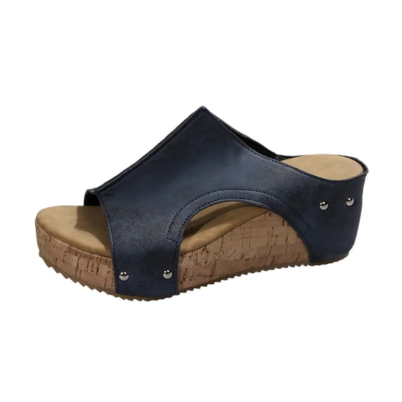 HomeDM Women's Platform Wedge Sandals Slip On Open Toe Summer Mules Sandals, Navy Size 8.5