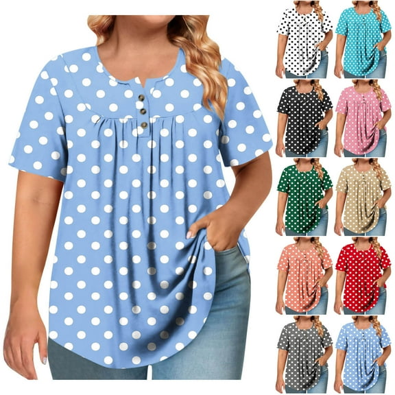HomeDM Women's Plus Size Summer Tops Trendy Short Sleeve Shirts Button Up Crewneck Dressy Tee Shirts - Light Blue/L