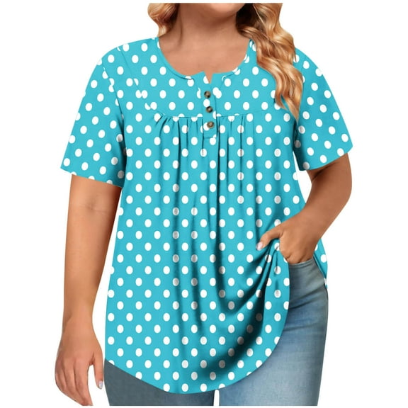 HomeDM Women's Plus Size Summer Tops Trendy Short Sleeve Shirts Button Up Crewneck Dressy Tee Shirts - Sky Blue/2XL