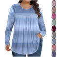 thumbnail image 1 of HomeDM Women's Plus Size Tops Long Sleeve Striped Shirts for Women Fall Round Neck Loose Fit Pullover Tops - Light Blue/L, 1 of 7