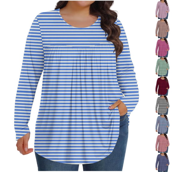HomeDM Women's Plus Size Tops Long Sleeve Striped Shirts for Women Fall Round Neck Loose Fit Pullover Tops - Light Blue/L