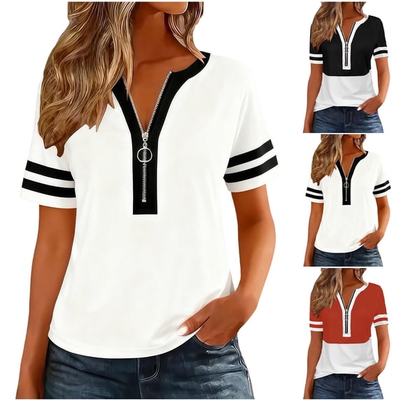 HomeDM Women's Quarter Zip Short Sleeve Summer Pullover Tops, Crew Neck Stripe Loose Fit Shirts - White/L