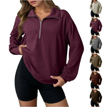 HomeDM Women's Quarter Zip Sweatshirts Fall Long Sleeve Pullover Tops Loose Fit Casual Workout Mock Neck Pullover Solid Color - Purple/2XL