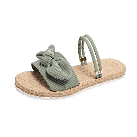 HomeDM Women's Sandals Open Round Toe Slip On Flat Strap Slippers for Summer Trendy Bowknot, Green Size 8.5