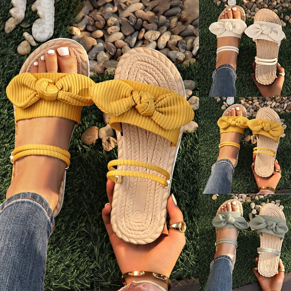 HomeDM Women's Sandals Open Round Toe Slip On Flat Strap Slippers for Summer Trendy Bowknot, Yellow Size 5.5