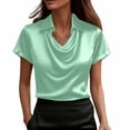 thumbnail image 1 of HomeDM Women's Short Sleeve Business Shirts, Satin Silk Cowl Neck Button Down Solid Color Casual Office Work Tunic Tops, Green, 1 of 8