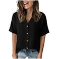 thumbnail image 1 of HomeDM Women's Short Sleeve Button Down Shirts Casual Loose Fit V Neck Work Business Blouses Summer Solid Color Basic Tees Tops - Black/M, 1 of 6