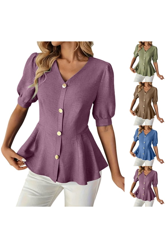 HomeDM Women's Short Sleeve Shirts, Button Down V Neck Peplum Dressy Summer Tops Casual Loose Blouses - Purple/L