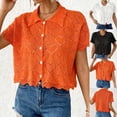 thumbnail image 1 of HomeDM Women's Short Sleeve Shirts, Collared Button Down Eyelet Crochet Summer Crop Tops - Orange/L, 1 of 8