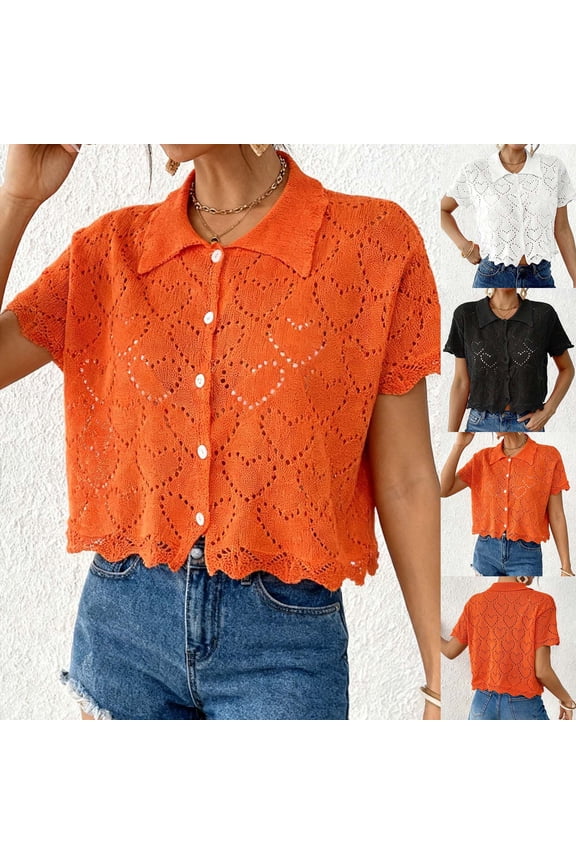 HomeDM Women's Short Sleeve Shirts, Collared Button Down Eyelet Crochet Summer Crop Tops - Orange/L