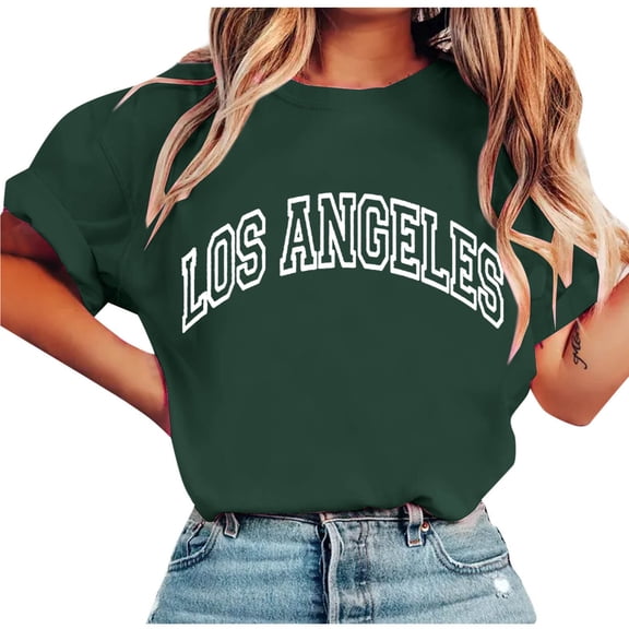 HomeDM Women's Short Sleeve Shirts, Crew Neck Letter Print Summer Loose Fit Tee Shirts Casual Tops - Army Green/M